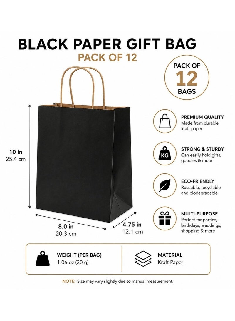 Black Kraft Paper Gift Bags with Handles – Premium Small Gift Packing Bags, Durable Paper Party Bags for Gifts, Shopping, Birthday, Wedding (Pack of 12) - Image 3