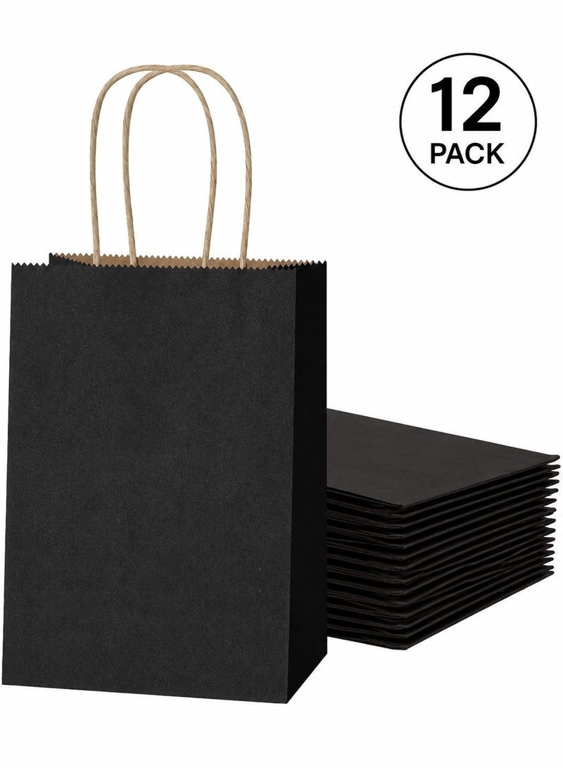 Black Kraft Paper Gift Bags with Handles – Premium Small Gift Packing Bags, Durable Paper Party Bags for Gifts, Shopping, Birthday, Wedding (Pack of 12) - Image 1