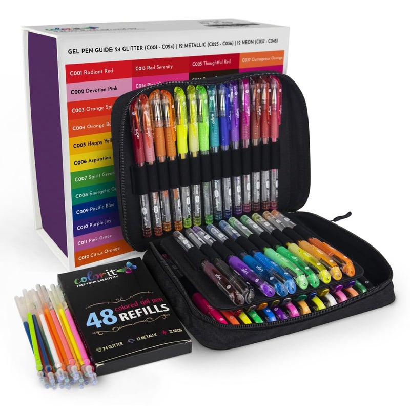 ColorIt Gel Pens for Adult Coloring â€“ 96 Pack with 48 Premium Gel Pens & 48 Refills with 1 Travel Case - Vibrant Colors for Journaling, Writing, Coloring Books for Adults, and Creative Projects - Image 1