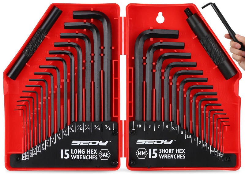 SEDY 32-Piece Hex Key Wrench Set, Metric and SAE Allen Wrenches (0.028-3/8 inch, 0.7-10 mm) L Shape Allen Keys, Chrome Vanadium Steelwith 2x Extension Handle - Image 1