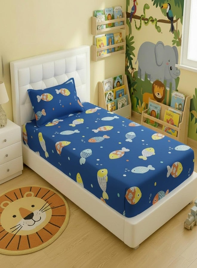 Filymore Kids Cute Fish Elastic Fitted bedsheet for Single Bed Made with 240 TC Soft Microfiber 1 bedsheet and 1 Pillow Cover (Size 72 x 36 inches) fit up to 8 inches Mattress(Colour-Blue and Yellow) - Image 2