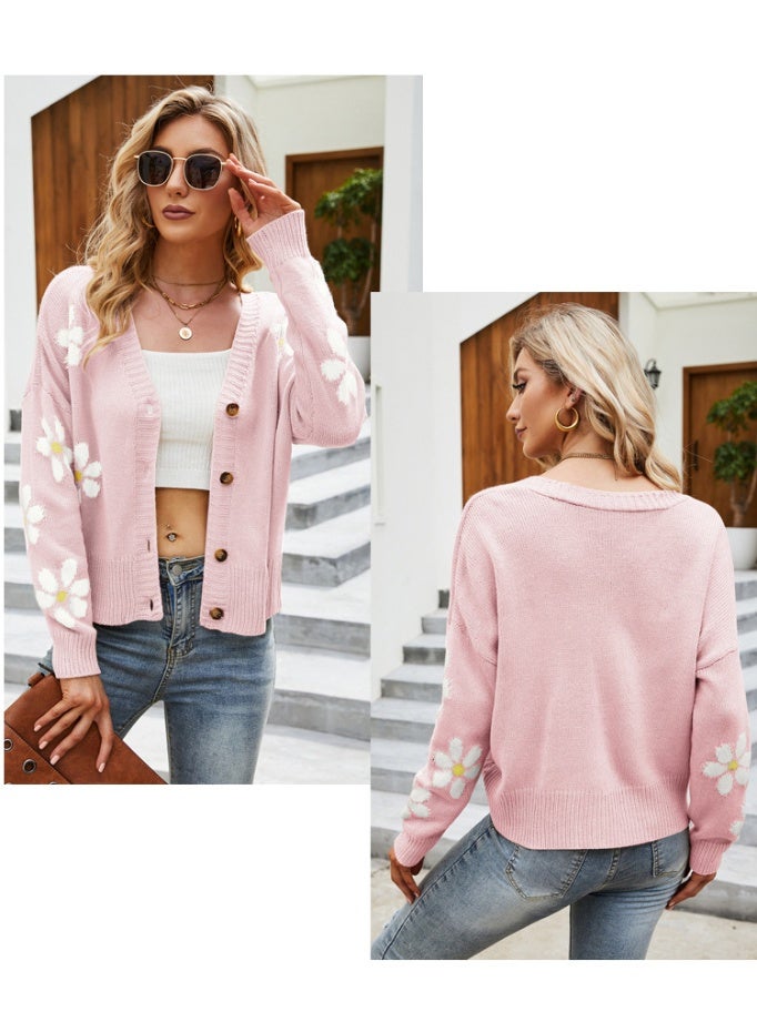 NIBEMINENT Women Loose Knit Cardigan V-neck Long Sleeve Button-down Flower Pattern Sweater Knitwear Spring Fall Casual Tops - Image 2
