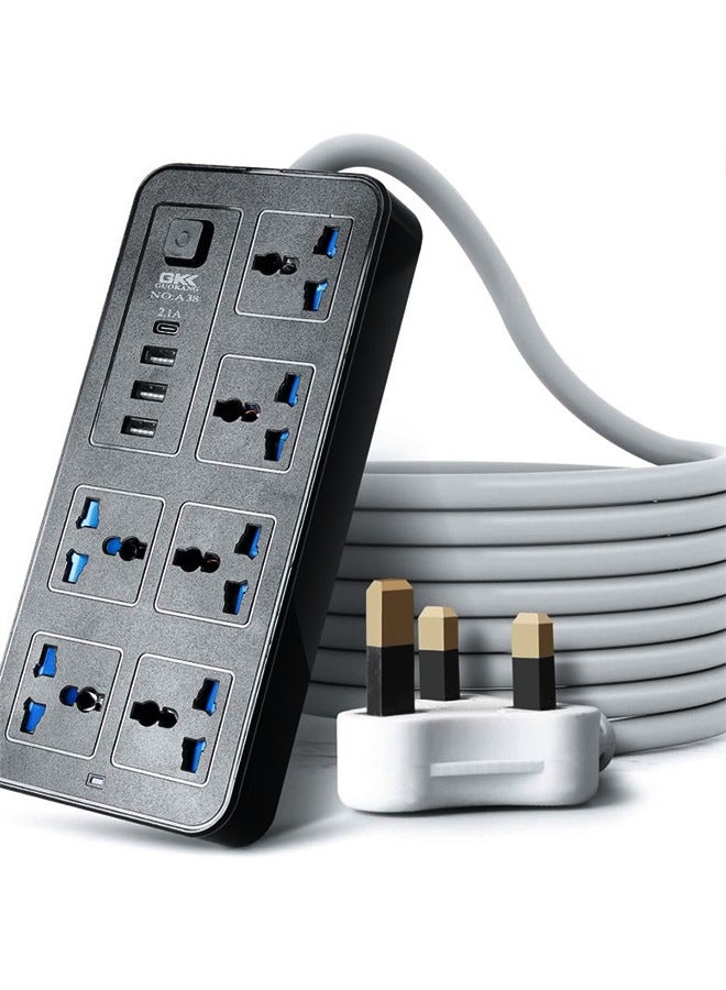 جي كي كي شريط تمديد كهربائي، سلك تمديد عالمي مزود بـ 6 مقابس طاقة و3 فتحات USB، شريط طاقة بطول 2 متر بستة اتجاهات مع فتحة شحن USB من النوع C PD، سلك تمديد بطول 2 متر - Image 1