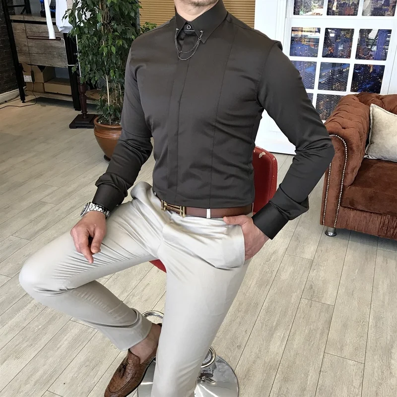 Terzi Adem Tailor Adem Italian Cut Slim Fit Men's Satin Chain Shirt Brown T4801