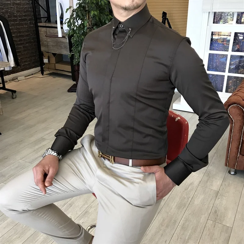 Terzi Adem Tailor Adem Italian Cut Slim Fit Men's Satin Chain Shirt Brown T4801