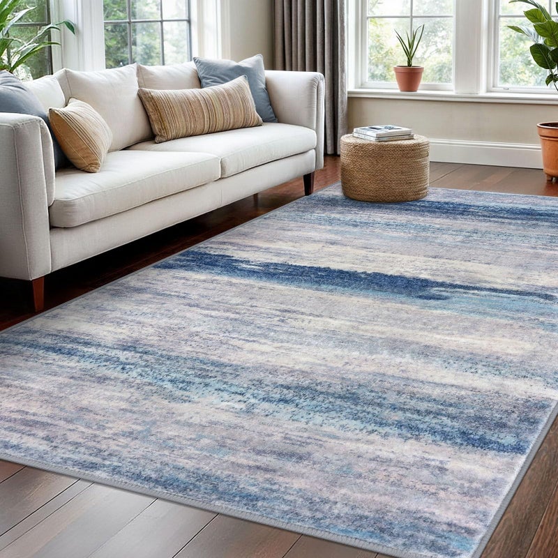 KOZYFLY Washable Area Rug 5x7 Modern Ombre Thin Rugs for Living Room Non-Slip Soft Striped Area Rug for Bedroom, Print Blue/Grey/Beige Abstract Carpet for Kid Room - Image 1