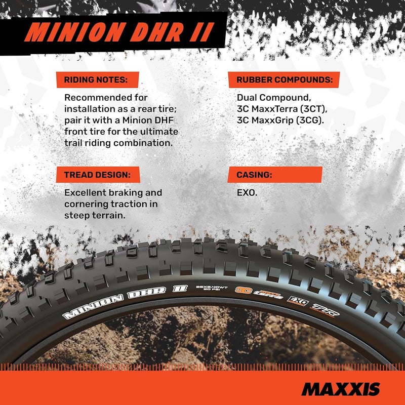 Maxxis Minion DHR II - Dual Compound EXO - E25 Rating, Tubeless | Excellent Braking and Cornering Traction in Steep Terrain - Image 3
