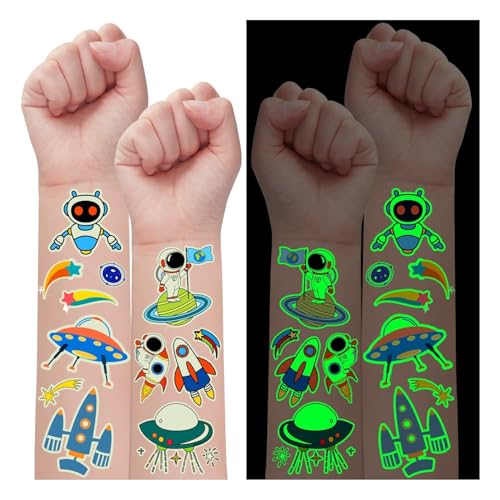 Partywind 290 Styles (30 Sheets) Luminous Space Tattoos for Kids Party Decorations, Glow Outer Space Party Supplies Favors with Astronaut/Rocket/Planet, Kids Games for Glow Party - Image 1