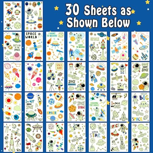 Partywind 290 Styles (30 Sheets) Luminous Space Tattoos for Kids Party Decorations, Glow Outer Space Party Supplies Favors with Astronaut/Rocket/Planet, Kids Games for Glow Party - Image 2