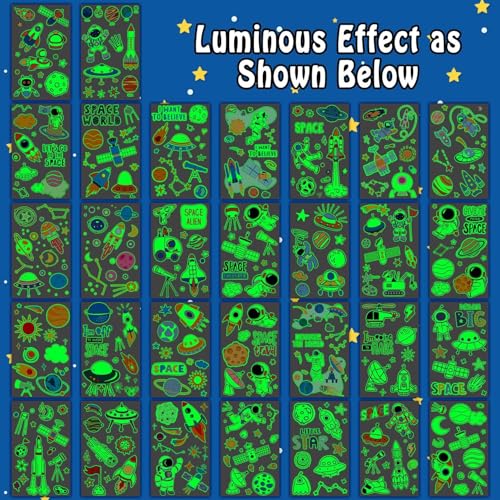 Partywind 290 Styles (30 Sheets) Luminous Space Tattoos for Kids Party Decorations, Glow Outer Space Party Supplies Favors with Astronaut/Rocket/Planet, Kids Games for Glow Party - Image 3