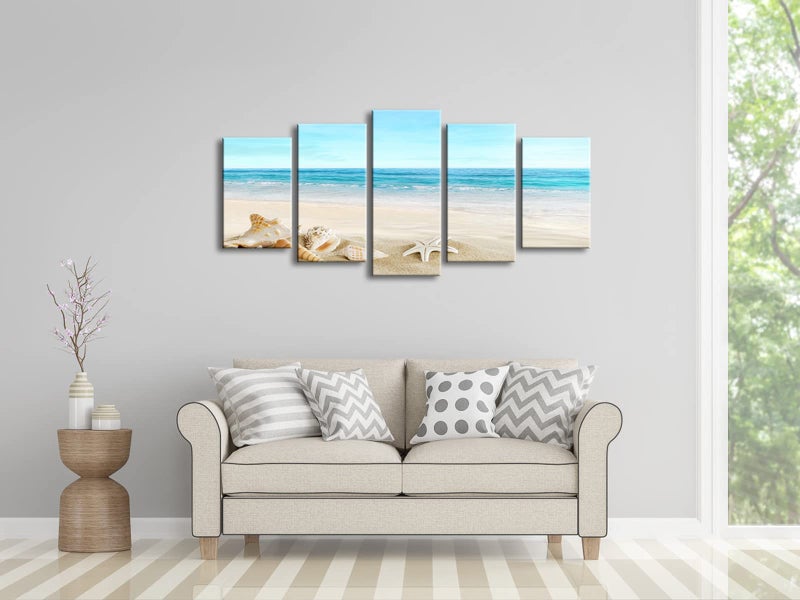 Pyradecor Seashell 5 panels Seascape Canvas Prints Landscape Pictures Paintings Modern Stretched Canvas Wall Art Sea Beach Pictures Artwork for Home Decor - Image 3