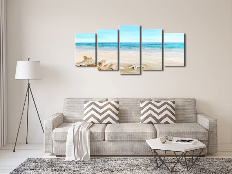 Pyradecor Seashell 5 panels Seascape Canvas Prints Landscape Pictures Paintings Modern Stretched Canvas Wall Art Sea Beach Pictures Artwork for Home Decor - Image 4