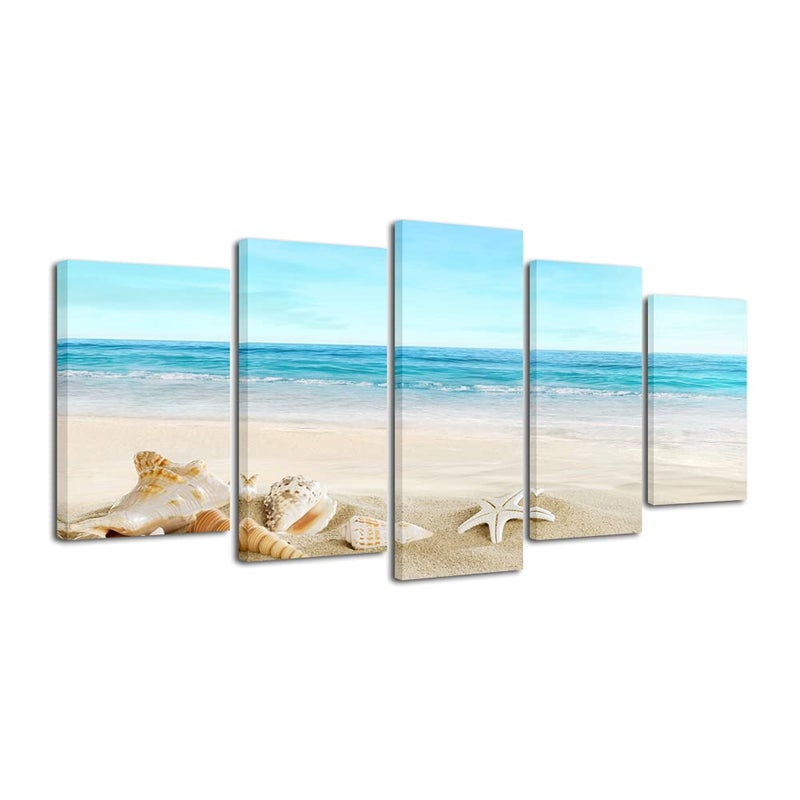 Pyradecor Seashell 5 panels Seascape Canvas Prints Landscape Pictures Paintings Modern Stretched Canvas Wall Art Sea Beach Pictures Artwork for Home Decor - Image 1