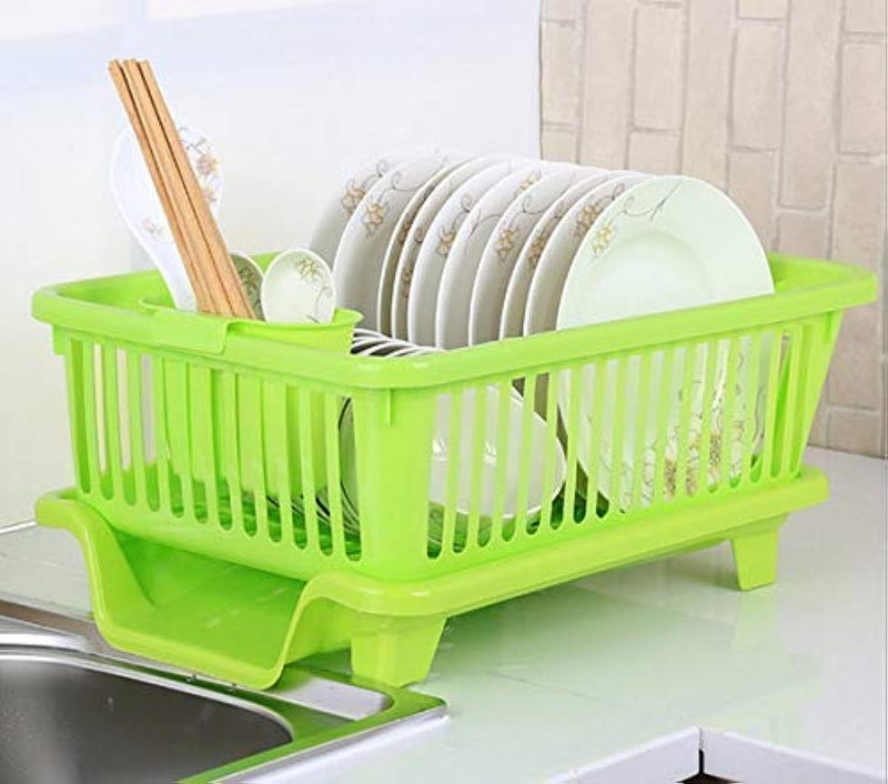 ROKOO Omkar s 3 in 1 Kitchen Sink Dish Drainer Drying Rack Utensils Washing Holder Plastic Basket Organizer with Tray and Utensil Cutlery Holder Cup (Green) - Image 1
