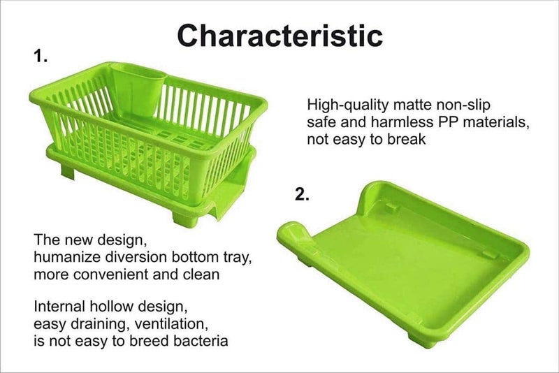ROKOO Omkar s 3 in 1 Kitchen Sink Dish Drainer Drying Rack Utensils Washing Holder Plastic Basket Organizer with Tray and Utensil Cutlery Holder Cup (Green) - Image 4