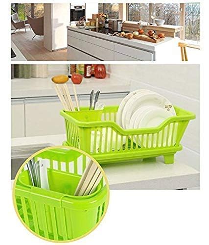 ROKOO Omkar s 3 in 1 Kitchen Sink Dish Drainer Drying Rack Utensils Washing Holder Plastic Basket Organizer with Tray and Utensil Cutlery Holder Cup (Green) - Image 3