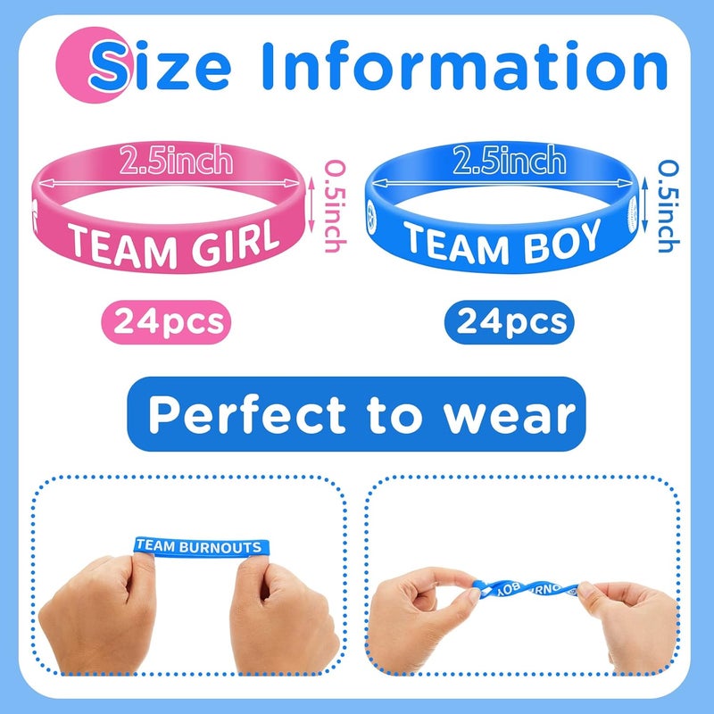 Civaner 48 Pcs Burnouts or Bows Gender Reveal Silicone Wristbands Team Boy Team Girl Bracelets Gender Reveal Bracelets for Baby Shower Gender Reveal Party Favors Blue and Pink - Image 2