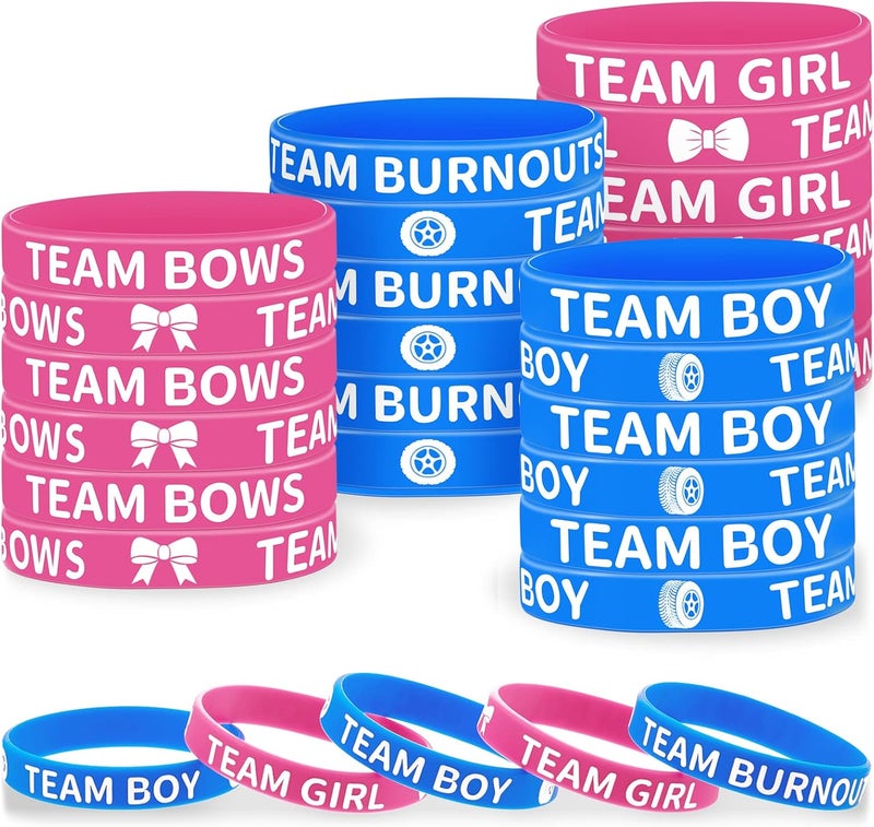 Civaner 48 Pcs Burnouts or Bows Gender Reveal Silicone Wristbands Team Boy Team Girl Bracelets Gender Reveal Bracelets for Baby Shower Gender Reveal Party Favors Blue and Pink - Image 1