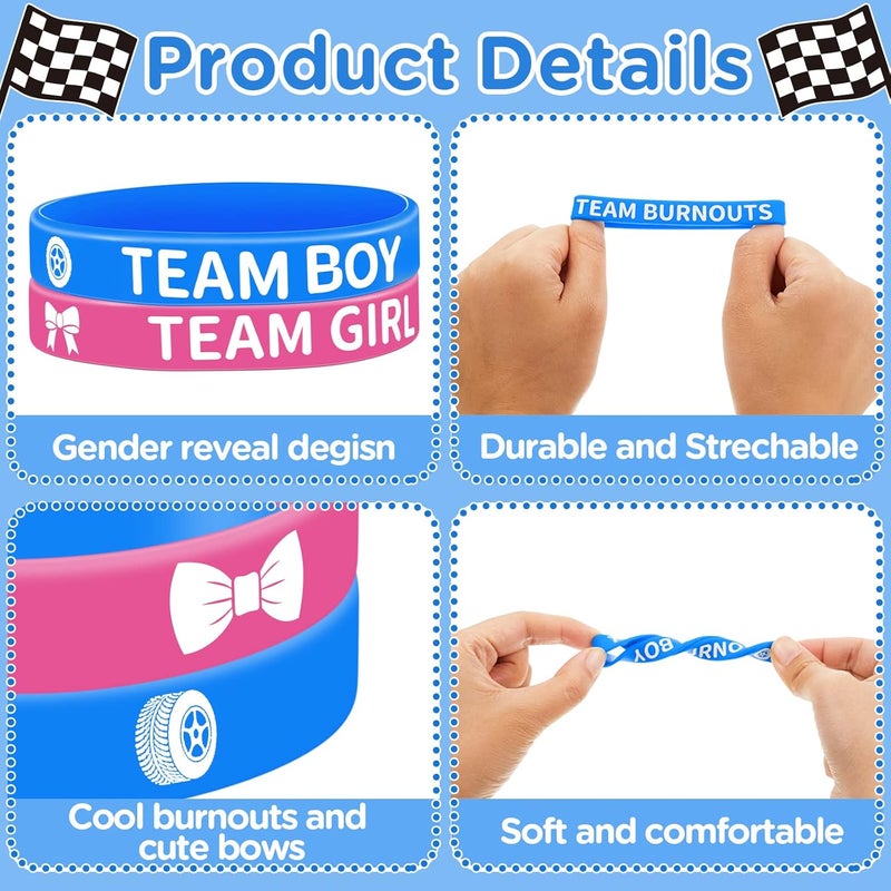 Civaner 48 Pcs Burnouts or Bows Gender Reveal Silicone Wristbands Team Boy Team Girl Bracelets Gender Reveal Bracelets for Baby Shower Gender Reveal Party Favors Blue and Pink - Image 3