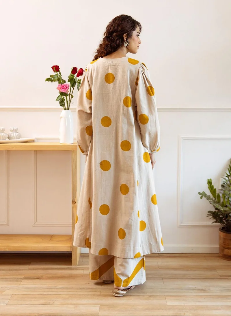 ISHIN Women's Yellow Cotton Blend Embellished Kaftan Full Length Palazzo Straight Fit Kurta Set