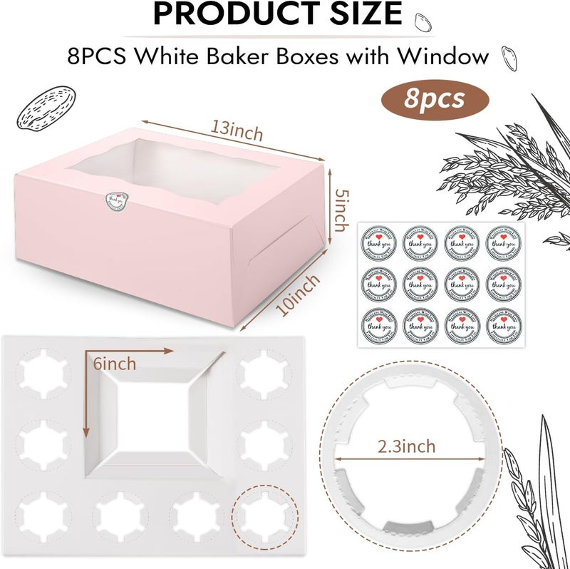 JCD 8 Packs Pink Bento Cake and Cupcake Box 1+8 Bento Box with Clear Window for 4-inch Cake and 8 Cupcakes Packaging Gift Baked Goods for Family Dinner Birthday Party Picnic Gift (Pink 1+8/8Pcs) - Image 2