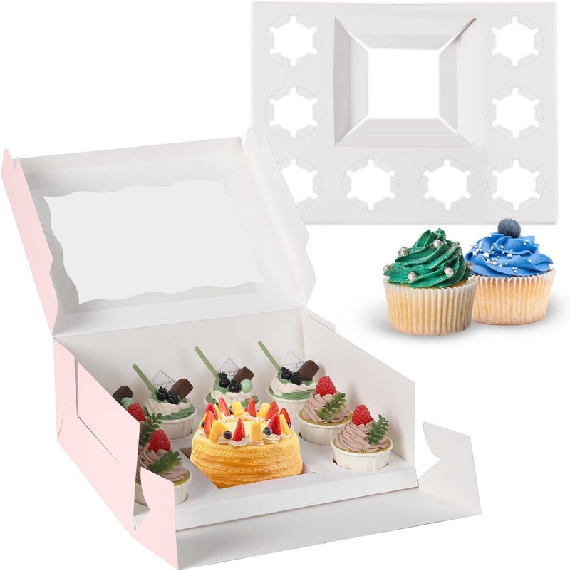 JCD 8 Packs Pink Bento Cake and Cupcake Box 1+8 Bento Box with Clear Window for 4-inch Cake and 8 Cupcakes Packaging Gift Baked Goods for Family Dinner Birthday Party Picnic Gift (Pink 1+8/8Pcs) - Image 1