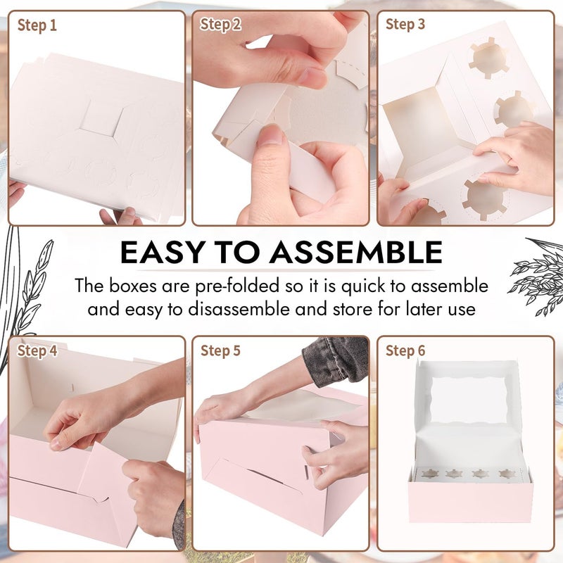 JCD 8 Packs Pink Bento Cake and Cupcake Box 1+8 Bento Box with Clear Window for 4-inch Cake and 8 Cupcakes Packaging Gift Baked Goods for Family Dinner Birthday Party Picnic Gift (Pink 1+8/8Pcs) - Image 3