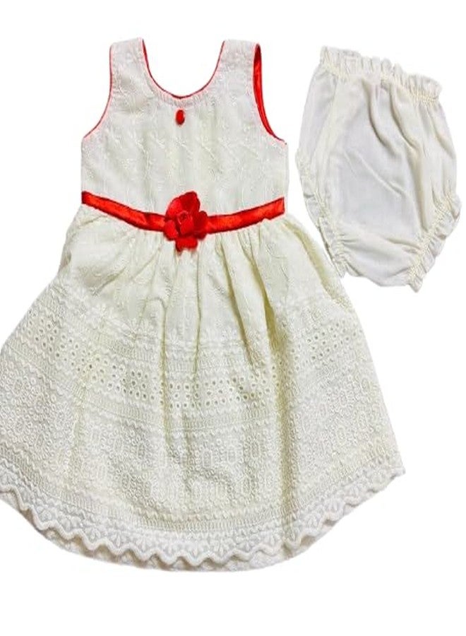 MaCare Baby Girl's Chikankari Frock Eyelet Lace Dress with Red Rose Belt and Bloomer, White, Sleeveless Birthday, Outfit Frock (in, Age, 6 Months, 12 Months, Regular, White Red) - Image 1