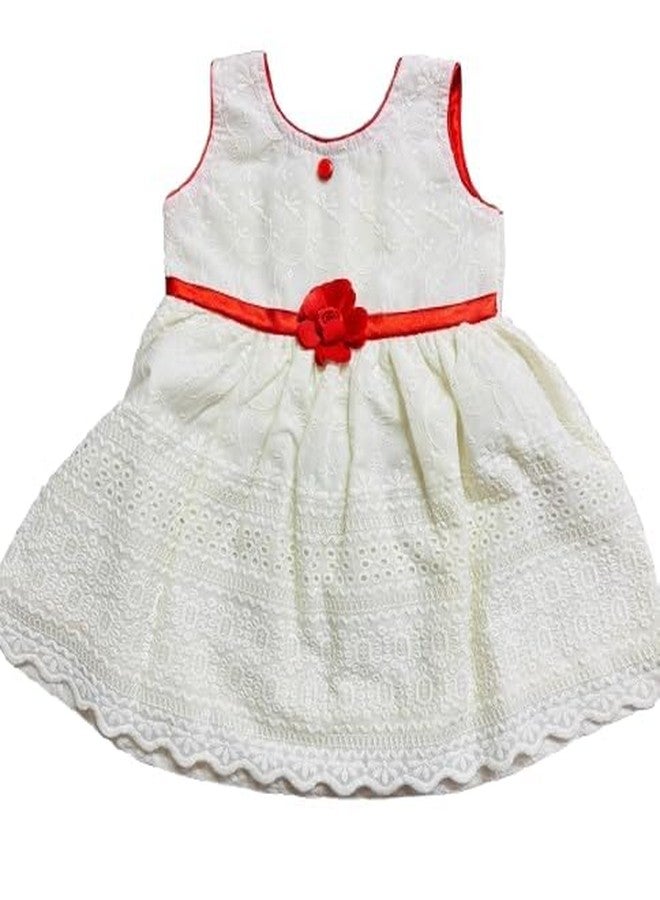 MaCare Baby Girl's Chikankari Frock Eyelet Lace Dress with Red Rose Belt and Bloomer, White, Sleeveless Birthday, Outfit Frock (in, Age, 6 Months, 12 Months, Regular, White Red) - Image 5