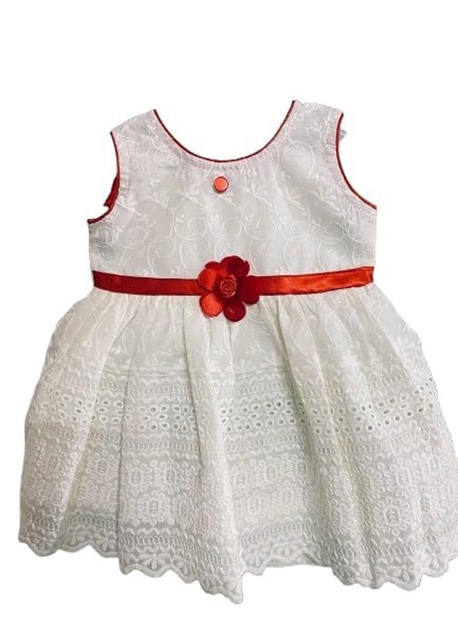 MaCare Baby Girl's Chikankari Frock Eyelet Lace Dress with Red Rose Belt and Bloomer, White, Sleeveless Birthday, Outfit Frock (in, Age, 6 Months, 12 Months, Regular, White Red) - Image 2