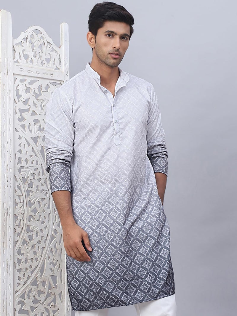 Jompers Grey Men's Ombre Pure Cotton Straight Kurta (Grey, XL) - Image 4