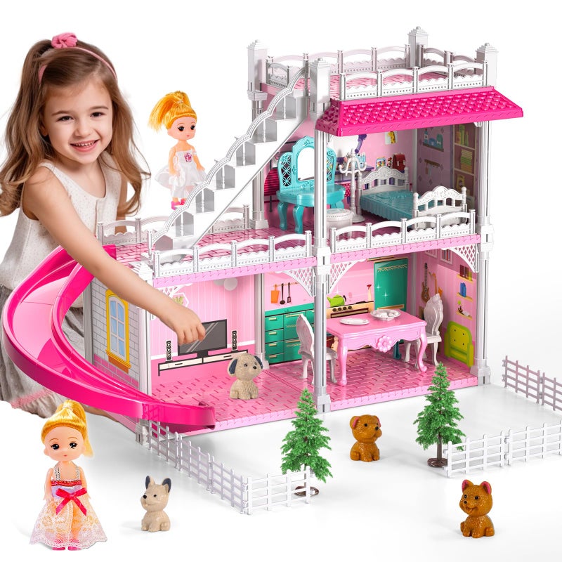 Doloowee DIY Dollshouse for Girls 48 2Story House with 3 Themed Rooms 2 Dolls 4 Dogs Slide Yard Dolls House Toys for Imaginative Play - Image 3
