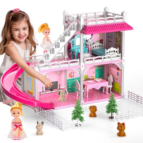 Doloowee DIY Dollshouse for Girls 48 2Story House with 3 Themed Rooms 2 Dolls 4 Dogs Slide Yard Dolls House Toys for Imaginative Play - Image 1