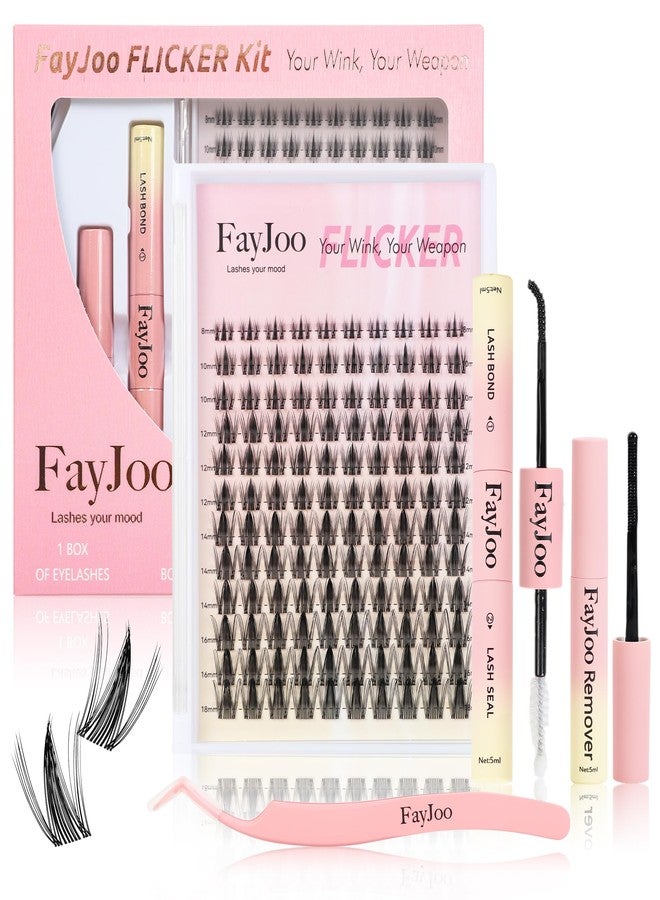 FayJoo Wispy Spiky Soft Lash Clusters Kit, C Curl 8-18mm, Thin Fiber with 0.05mm Invisible Band, DIY Salon Eyelash Extension Kit with Bond Seal Remover Tweezers, Lightweight, FayJoo FLICKER 11 Kit - Image 1