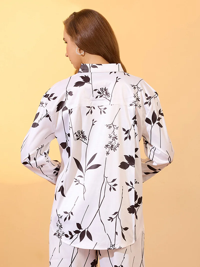 جلو باص Women White Floral Print Collared Neck Cuffed Sleeves Satin Party Wear Resort Shirt