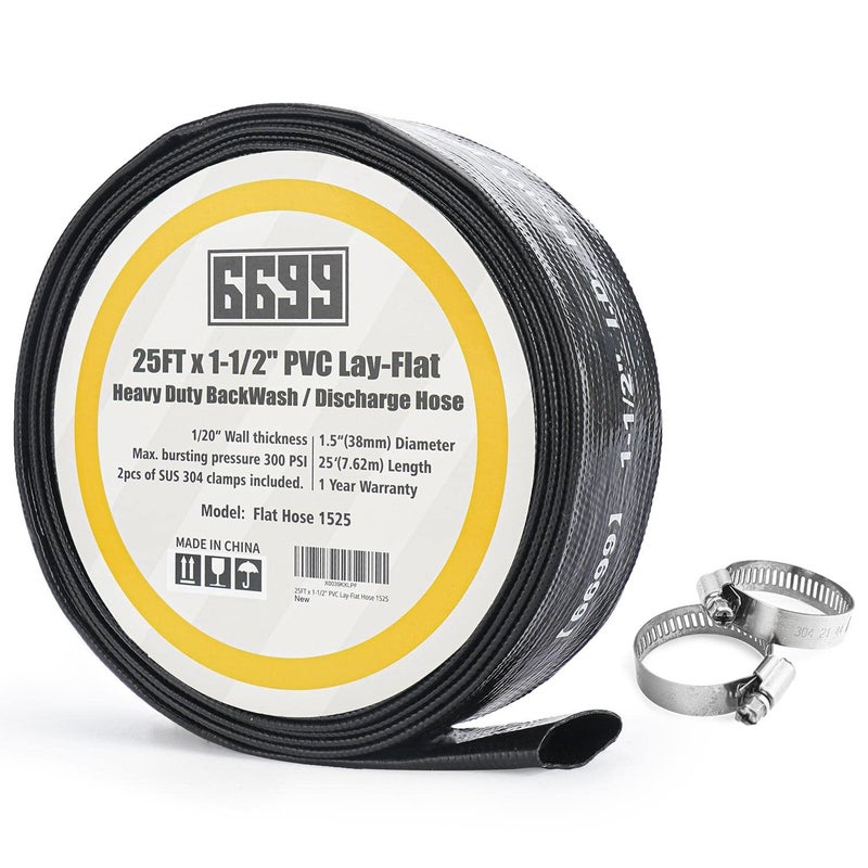 6699 Discharge Hose 1-1/2-Inch by 25-foot Sump Pump Hose with 2pcs SUS 304 Clamps Pool Backwash Hose for Draining/Removing Water Lay Flat Hose 1525 - Image 1