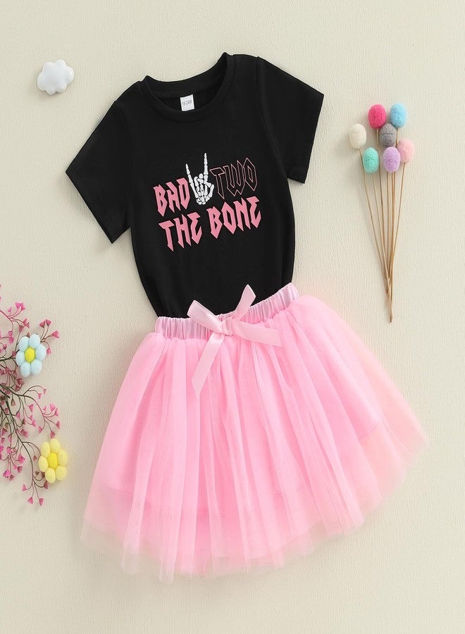 Bonangber 2nd Birthday Outfit Girl Baby Short Sleeve Bad Two The Bone Shirt Mesh Tulle Skirt Cute Birthday Clothes 2Pcs (A-Black,2-3T) - Image 3