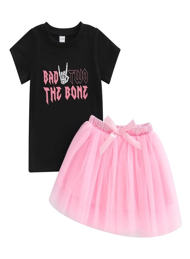 Bonangber 2nd Birthday Outfit Girl Baby Short Sleeve Bad Two The Bone Shirt Mesh Tulle Skirt Cute Birthday Clothes 2Pcs (A-Black,2-3T) - Image 1