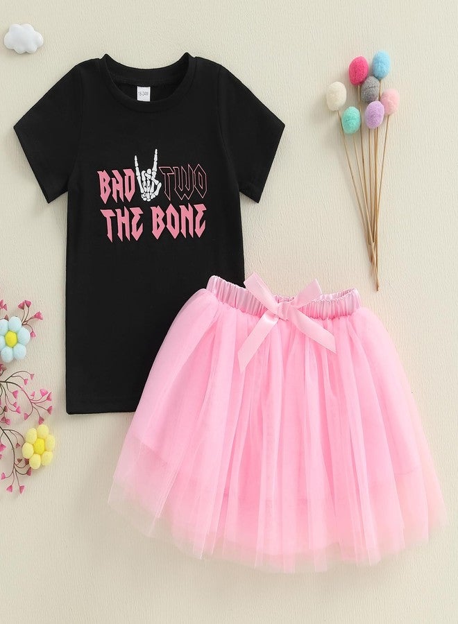 Bonangber 2nd Birthday Outfit Girl Baby Short Sleeve Bad Two The Bone Shirt Mesh Tulle Skirt Cute Birthday Clothes 2Pcs (A-Black,2-3T) - Image 2