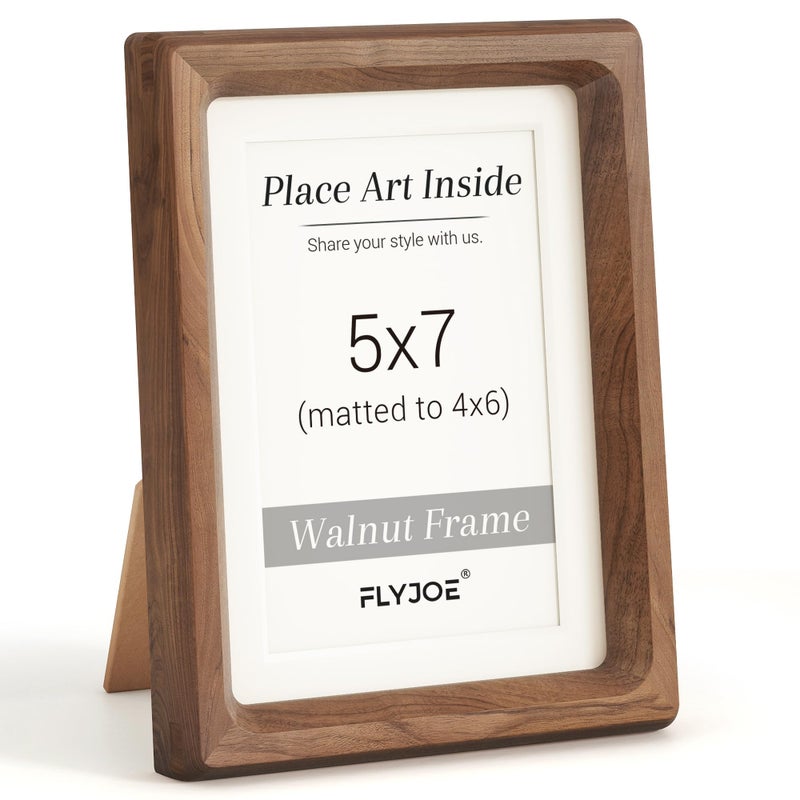 FLYJOE 5x7 Picture Frame, USA-Sourced Natural Walnut Wood Photo Frame with Tempered Glass, Handcrafted Rounded Corner 5 x 7 Wooden Frame Matted to 4x6 Photos, Wall or Tabletop Display - Image 1
