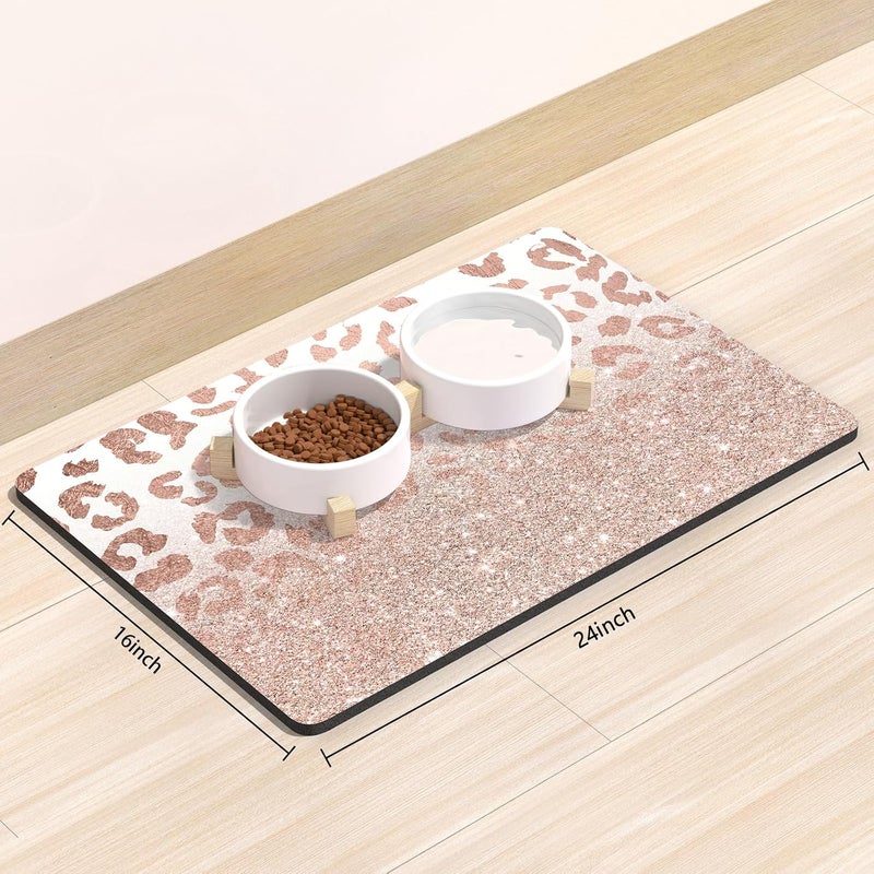 Rnivvi Dog Food Mat, 16" x 24" Leopard Absorbent Dog Cat Bowl Mat for Food and Water, Cute Anti-Slip Rubber Pet Feeding Rug Protect Floors, Puppy Placemat for Feeding & Watering Supplies, Rose - Image 2