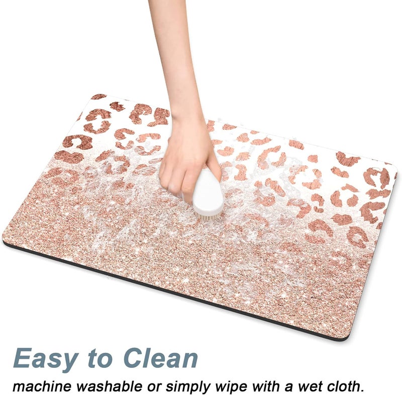 Rnivvi Dog Food Mat, 16" x 24" Leopard Absorbent Dog Cat Bowl Mat for Food and Water, Cute Anti-Slip Rubber Pet Feeding Rug Protect Floors, Puppy Placemat for Feeding & Watering Supplies, Rose - Image 5