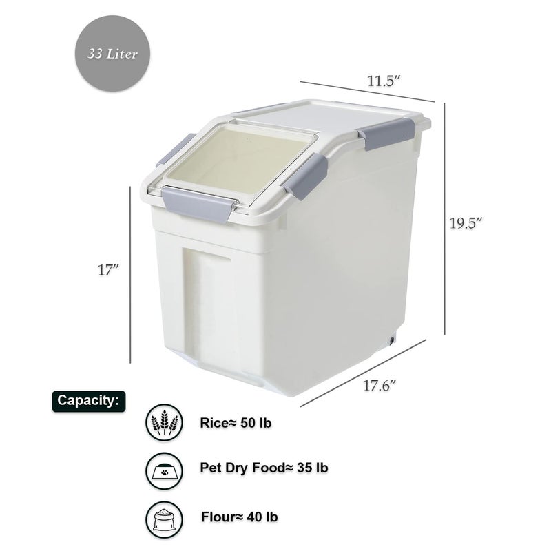 HANAMYA 33 Liter / 50 lbs Rice Storage Container with Measuring Cup, BPA free, For Rice | Grain | Pet Food | Flour, 2 count, White - Image 3