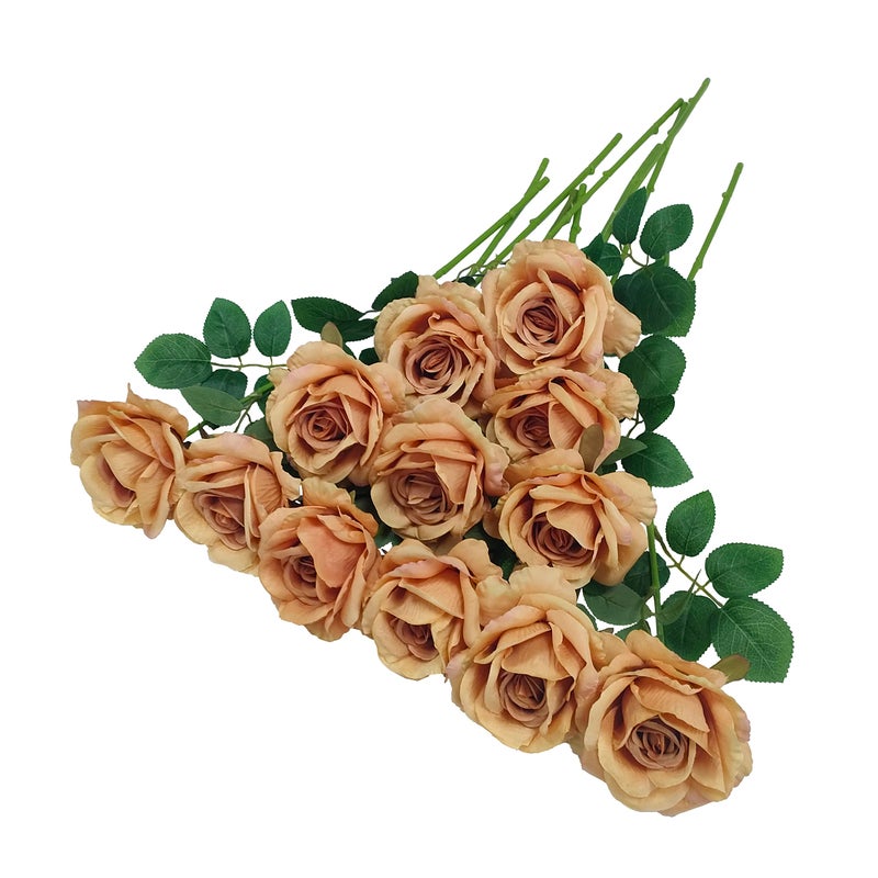 Brown Roses12 Pcs Brown Flowers Floral Diameter 4Artificial Fake Faux Silk Roses With Stems for Wedding Arrangement Centerpieces Party Home Table Decorations toffee