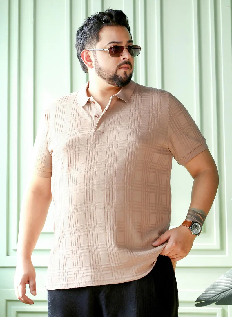 انستافاب بلس Men Intertwine-Textured Polo T-Shirt | Ribbed Polo Neck, Short Ribbed-Cuff Sleeves | Half-Button, Straight Hem | Solid Textured Knit Fabric For Plus Size Casual & Daily Wear | Beige