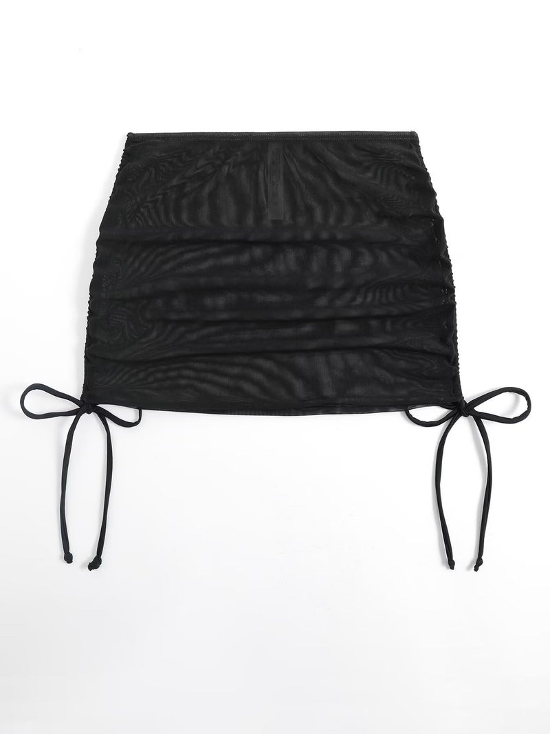 Falainetee Women's Drawstring Solid Mesh Sheer Summer Bikini Cover Up Skirt Black S - Image 3