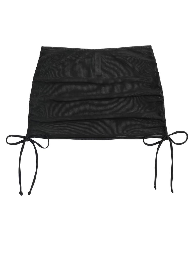 Falainetee Women's Drawstring Solid Mesh Sheer Summer Bikini Cover Up Skirt Black S - Image 1