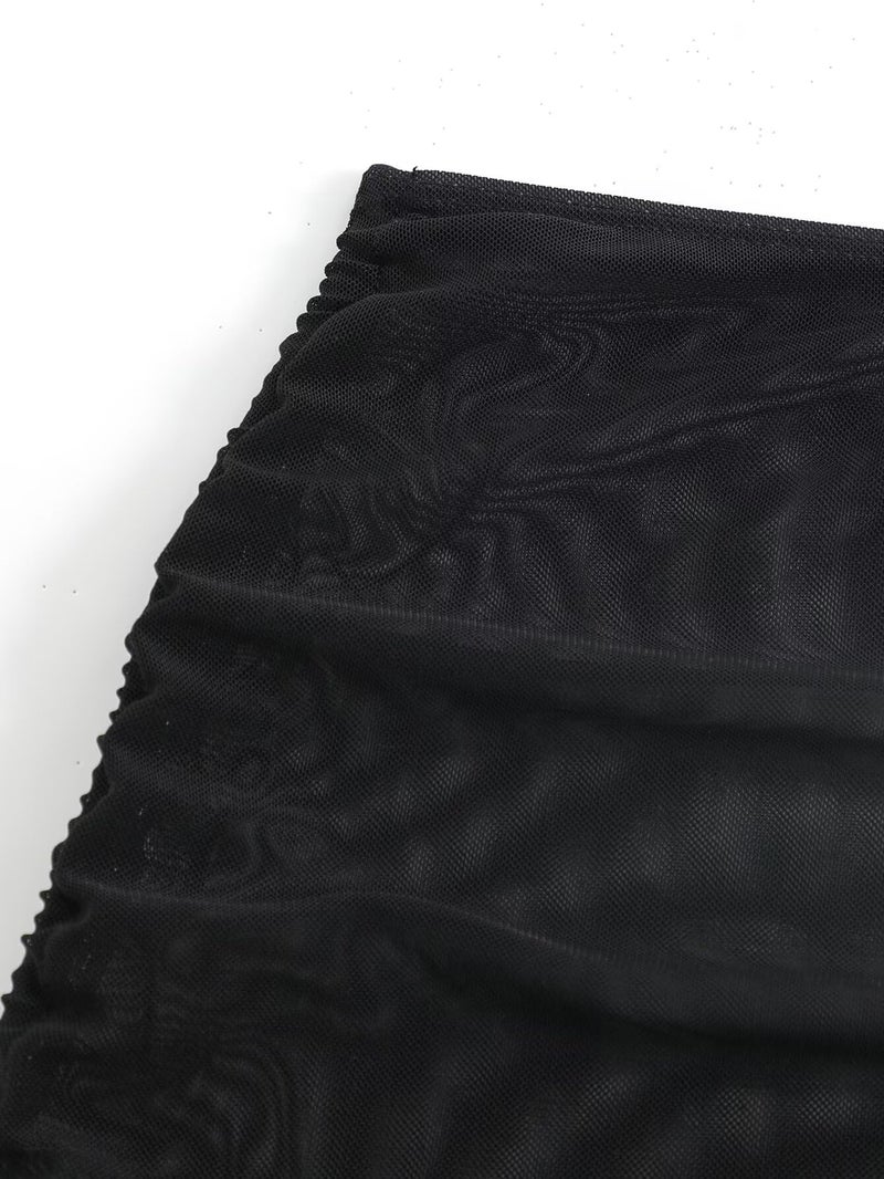 Falainetee Women's Drawstring Solid Mesh Sheer Summer Bikini Cover Up Skirt Black S - Image 4