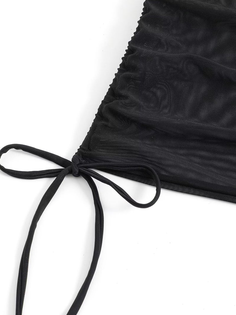 Falainetee Women's Drawstring Solid Mesh Sheer Summer Bikini Cover Up Skirt Black S - Image 5