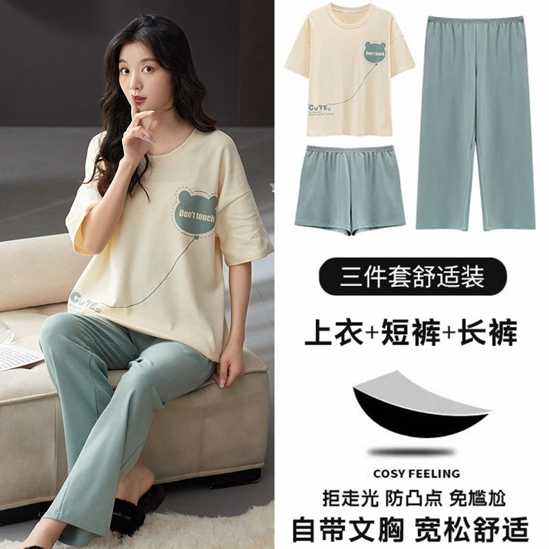 [New Three-piece Set] Short-sleeved Pants Shorts Pajamas Womens Summer Loose plus size with Chest Pad Home ClothesThree-piece set-[pants short sleeve shorts] balloon letters Three-piece set-[pants short sleeve shorts] balloon letters 